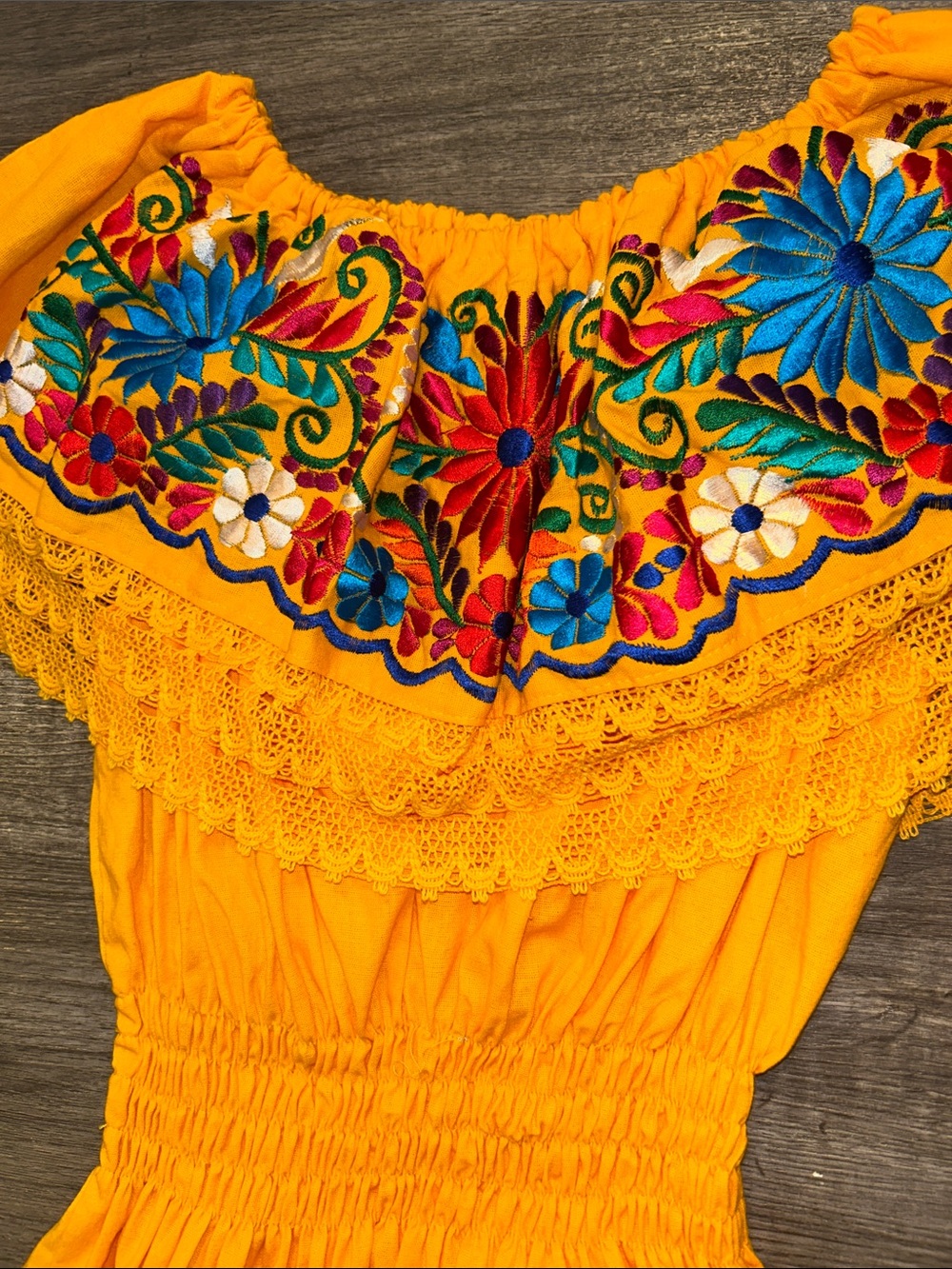 Mexican Embroidered Off Shoulder Oaxaca Peasant Dress Bright Yellow Floral M/L - Picture 5 of 8